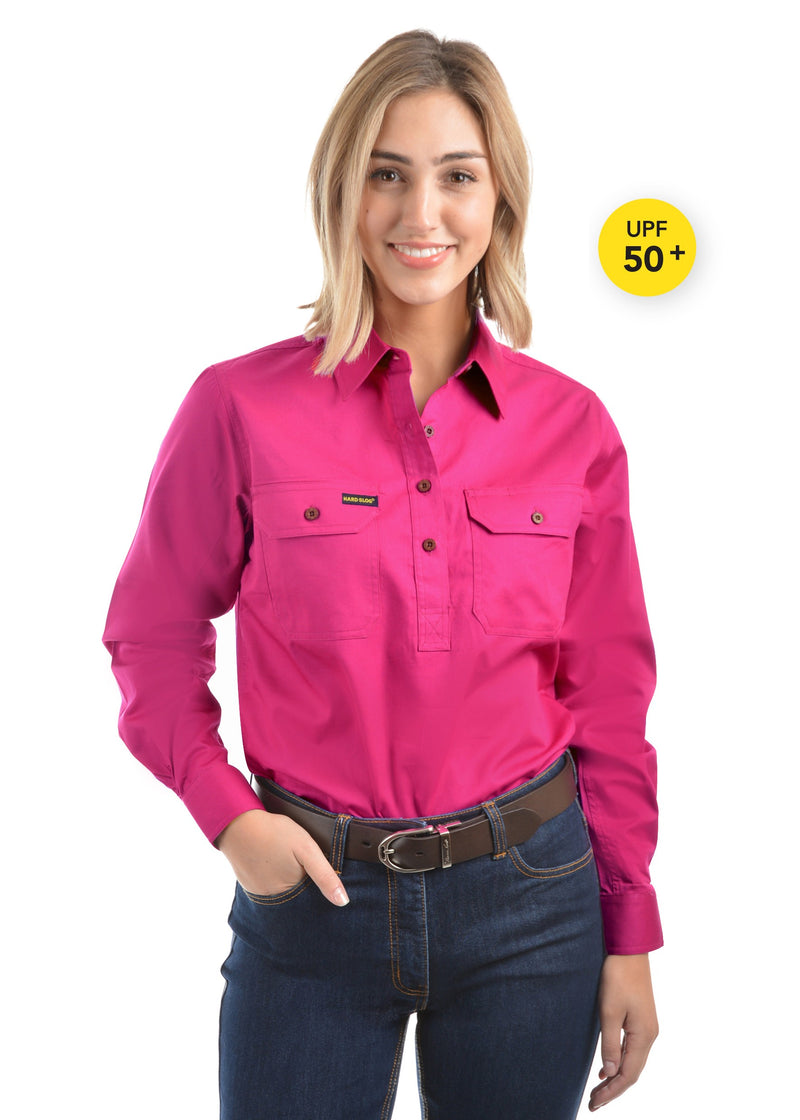 Womens Half Placket Light Cotton Shirt (Bright Pink)