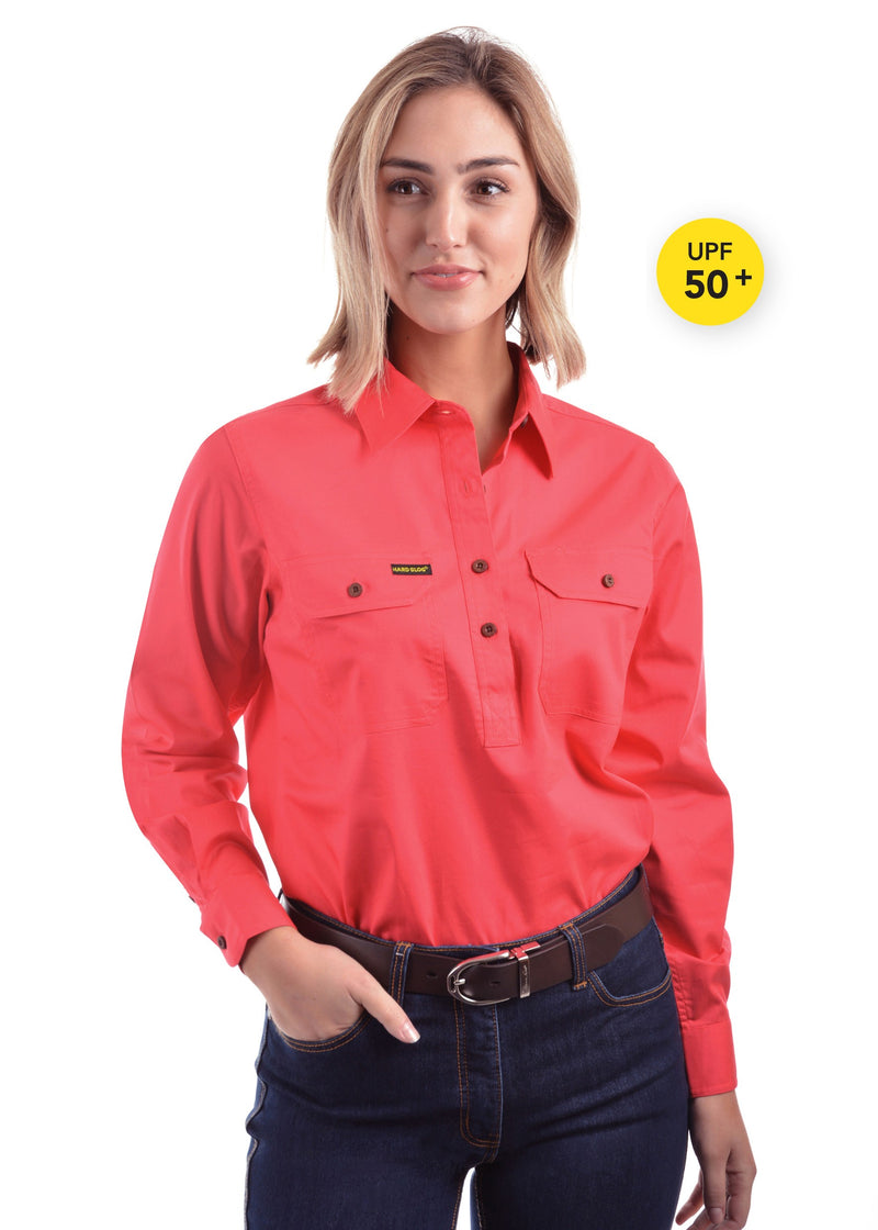 Womens Half Placket Light Cotton Shirt (Red Poppy)