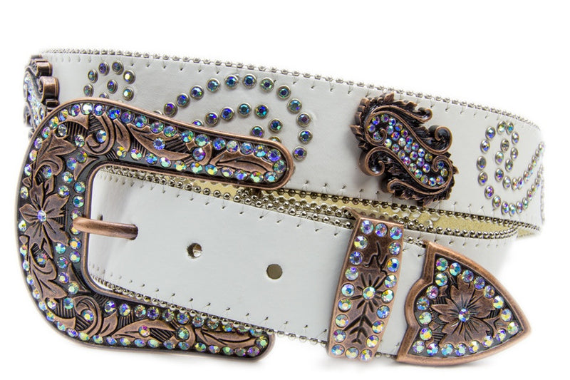 Belt- Cream Leather w Rainbow Paisley Diamontes