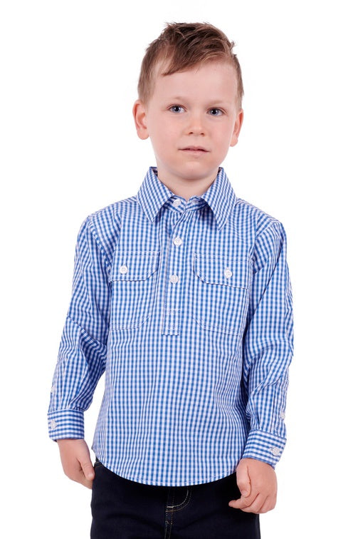 Kids Devin H/Plkt Ls Shirt (Blue/White)